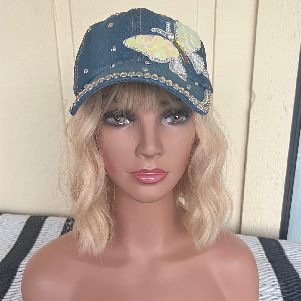Chic Blue Denim Cap with Butterfly Accent